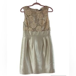Tahari Champagne Beige Sequins Floral Lace Pleated Sheath Dress 8
